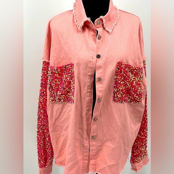 Pink Button-Up Shirt Jacket shacket with Sequin Details NWT - Picture 2 of 5